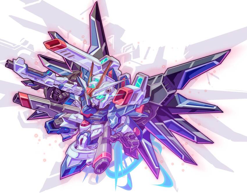 aqua_eyes beam_rifle chibi commentary energy_gun glowing glowing_eyes gundam gundam_seed gundam_seed_freedom highres holding holding_weapon mecha mechanical_wings mobile_suit no_humans open_hand rising_freedom_gundam robot science_fiction silhouette simple_background uungunover v-fin weapon white_background wings