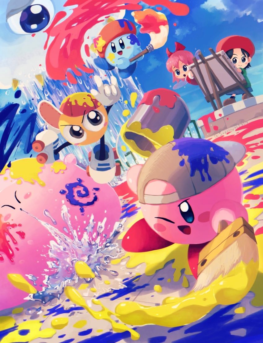 2girls :o ;d \n/ adeleine art_brush artist_kirby artist_name backwards_hat baseball_cap beret black_hair blue_eyes blue_sky blush blush_stickers canvas_(object) closed_eyes closed_mouth cloud copy_ability day dress easel green_dress grey_headwear hair_between_eyes hair_ribbon hat highres holding holding_paintbrush kirby kirby&#039;s_adventure kirby_(series) kirby_64 kirby_super_star kracko long_sleeves multiple_girls multiple_persona nintendo one-eyed one_eye_closed open_mouth outdoors paint paint_can paint_kirby paint_roller_(kirby) paint_splatter paintbrush pink_hair rain red_headwear red_ribbon ribbon ribbon_(kirby) roller_skates short_hair skates sky smile standing star_(symbol) suyasuyabi twitter_username v-shaped_eyebrows water water-balloon_mouth
