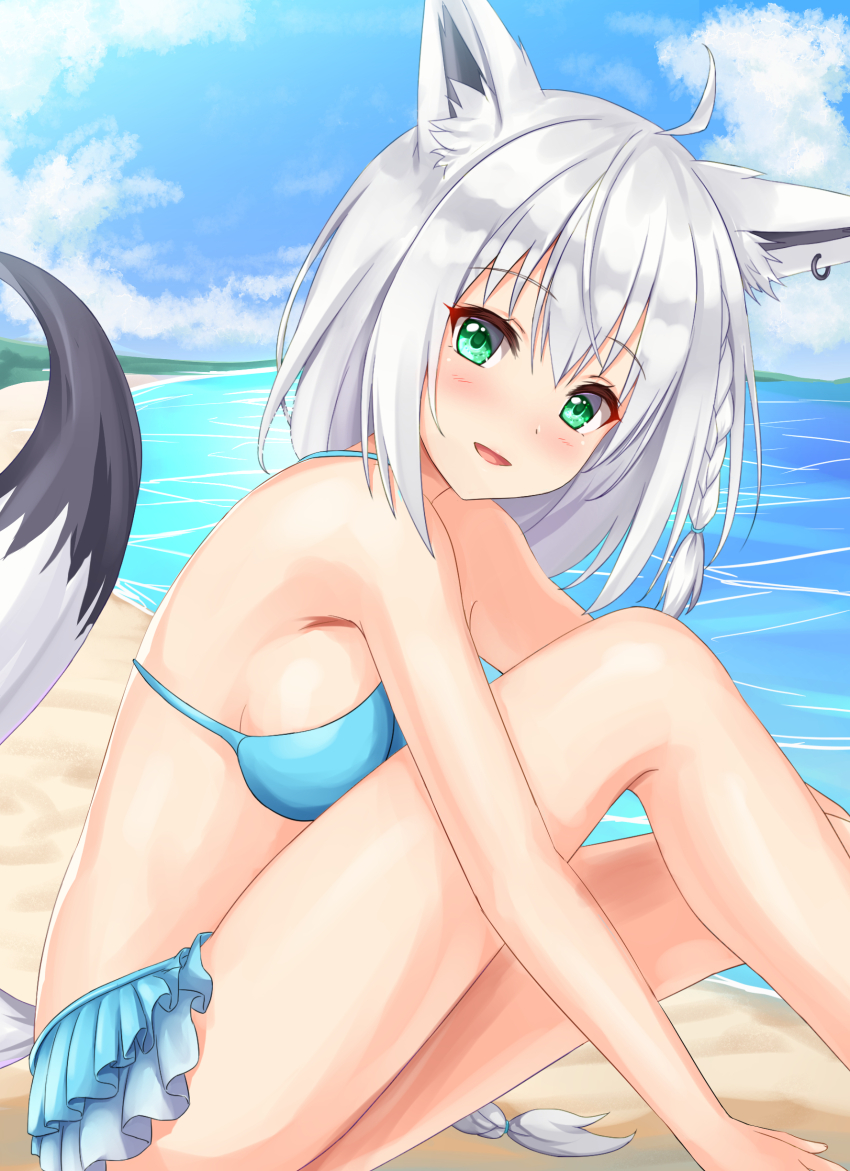 1girl absurdres ahoge animal_ear_fluff animal_earrings animal_ears bare_shoulders beach blush braid breasts fox_ears fox_girl fox_tail highres hololive kyamu_(qqea92z9n) looking_at_viewer medium_breasts official_alternate_costume open_mouth shirakami_fubuki shirakami_fubuki_(hololive_summer_2019) side_braid sideboob sitting smile solo swimsuit tail virtual_youtuber white_hair