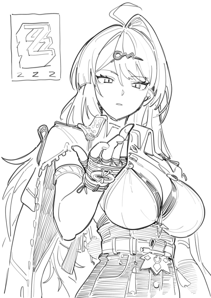 1girl absurdres ahoge armlet breasts cleavage commentary_request copyright_logo ddal facing_viewer fingerless_gloves gloves greyscale hair_ornament hairclip hand_up highres jewelry large_breasts long_hair looking_at_hand monochrome parted_lips simple_background single_hair_intake sketch solo upper_body white_background yixuan_(zenless_zone_zero) zenless_zone_zero