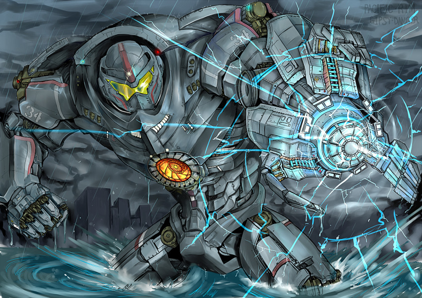 arm_cannon cannon chest_cannon city day directed-energy_weapon electricity energy energy_cannon energy_weapon gipsy_danger glowing harbor i-19_plasmacaster jaeger_(pacific_rim) joints legendary_pictures mecha nuclear_vortex_turbine ocean outdoors overcast pacific_rim pan_pacific_defense_corps plasma plasma_cannon rain robot robot_joints sky splashing take_nii wading water weapon