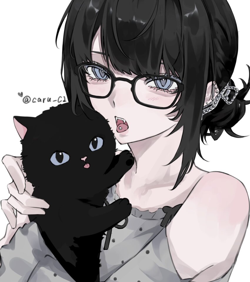 1girl aegyo_sal animal black_cat black_hair blue_eyes caru_c1 cat commentary ear_piercing fangs glasses hair_bun highres holding holding_animal holding_cat looking_at_viewer open_mouth original piercing simple_background solo symbol-only_commentary tongue tongue_out tongue_piercing upper_body white_background