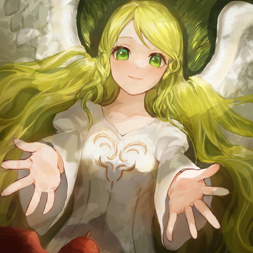 1girl angel_wings bird blonde_hair commentary commentary_request dress english_commentary fire_emblem fire_emblem:_path_of_radiance fire_emblem:_radiant_dawn green_eyes highres jurge leanne_(fire_emblem) long_hair looking_at_viewer lying mixed-language_commentary nintendo outdoors outstretched_arms reaching reaching_towards_viewer smile solo white_dress wings