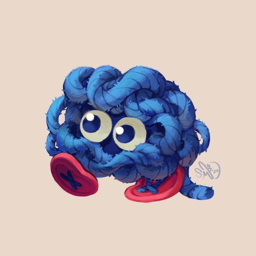 absurdres blue_eyes buttons gen_1_pokemon highres light_brown_background nintendo no_humans pokemon pokemon_(creature) pokemon_focus signature simple_background sunniemunch tangela walking yarn