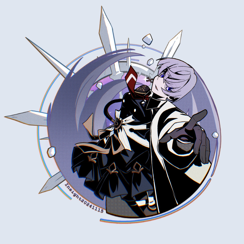 1girl 2024 absurdres arcaea blue_eyes dagger eternalcompass highres index_finger_raised insight_(arcaea) knife looking_at_viewer necktie purple_hair reaching reaching_towards_viewer red_necktie short_hair solo weapon