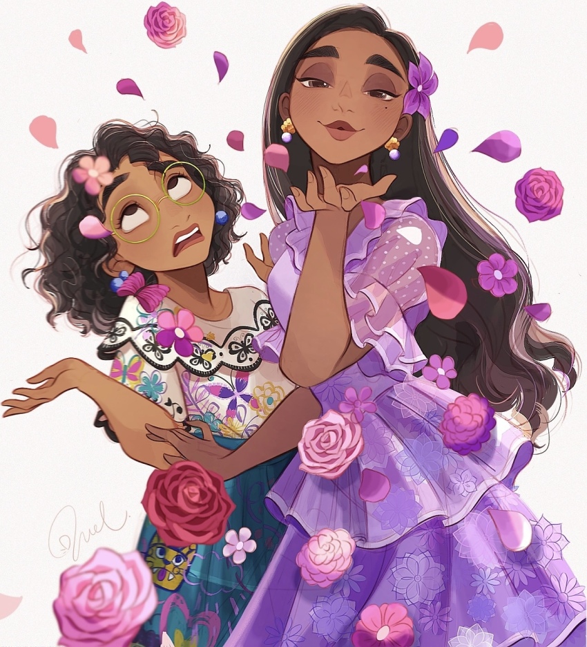 2girls brown_eyes brown_hair dark-skinned_female dark_skin dress encanto flower glasses green-framed_eyewear hair_flower hair_ornament highres isabela_madrigal long_dress long_hair looking_at_viewer melchencanto messy_hair mirabel_madrigal multiple_girls open_mouth petals pink_flower pink_petals pink_rose purple_dress purple_flower purple_petals red_flower red_rose rose round_eyewear short_hair siblings signature simple_background sisters teeth upper_teeth_only white_background