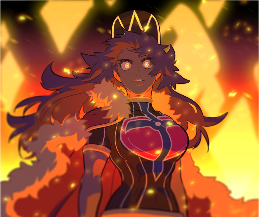 1girl baseball_cap blurry breasts bright_pupils cape champion_uniform commentary_request dark-skinned_female dark_skin embers floating_hair fur-trimmed_cape fur_trim genderswap genderswap_(mtf) hat highres korean_commentary large_breasts leon_(pokemon) long_hair looking_down nintendo parted_lips pokemon pokemon_swsh purple_hair red_cape redlhzz shield_print shirt short_sleeves solo sword_print upper_body white_pupils yellow_eyes