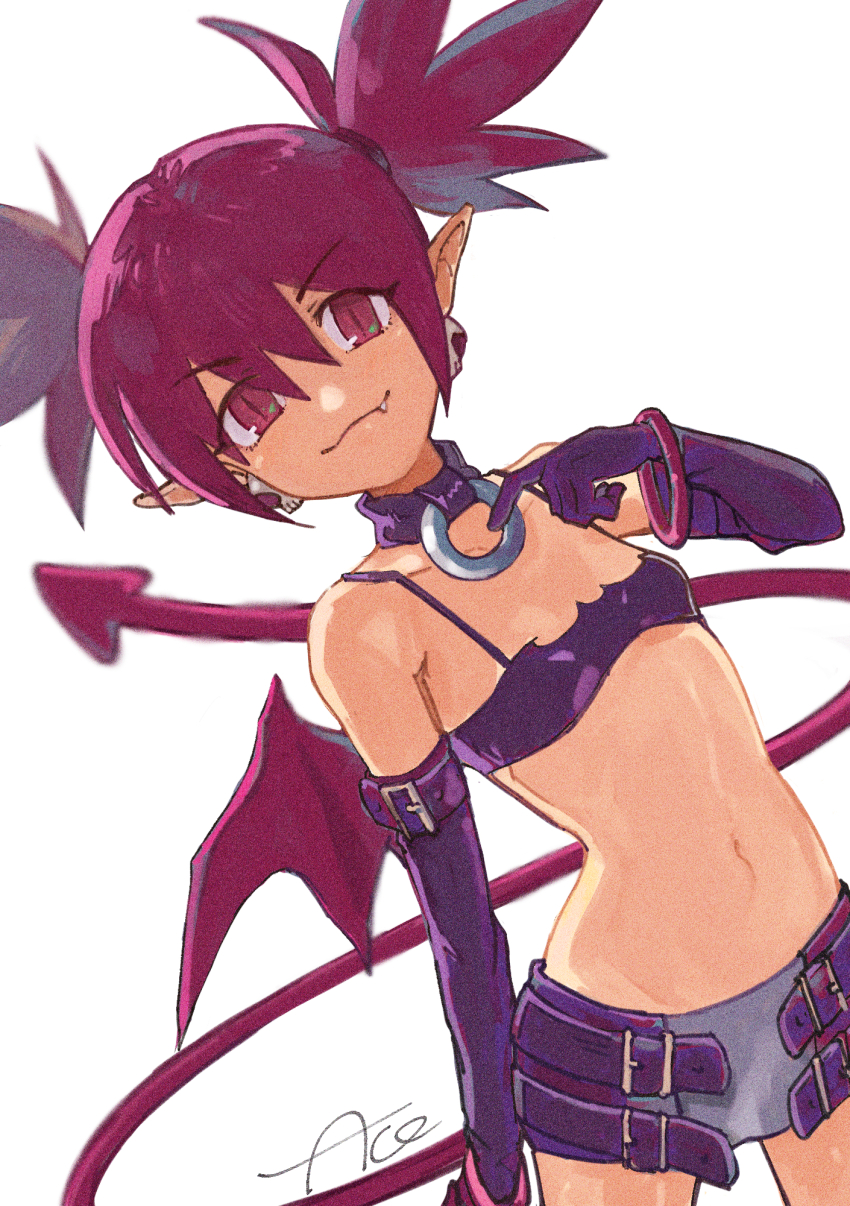 1girl ako_(hoshiya_830) disgaea earrings elbow_gloves etna_(disgaea) fang gloves highres jewelry latex latex_gloves looking_at_viewer makai_senki_disgaea navel pointy_ears red_eyes red_hair skirt skull_earrings slit_pupils smile solo stomach tail twintails