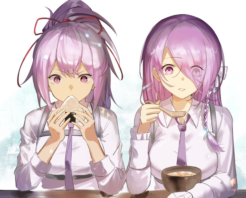 2girls absurdres braid breasts chest_harness dark_skin eating food hair_over_one_eye hair_ribbon harness heaven_burns_red highres kr_woyue kura_satomi large_breasts long_hair long_sleeves multiple_girls necktie onigiri pink_hair ponytail red_eyes red_ribbon ribbon shirt tsukishiro_monaka very_long_hair white_shirt