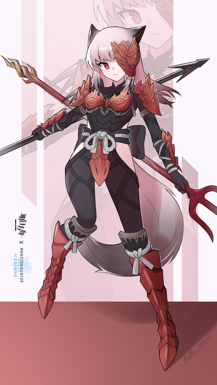 1girl absurdres alternate_costume animal_ears arknights armor armored_boots artist_name boots chinese_commentary closed_mouth commentary_request diamond-shaped_pupils diamond_(shape) frostleaf_(arknights) full_body grey_hair halftone highres hip_vent holding holding_polearm holding_weapon jiuyu_qame knee_boots mask medium_hair monster_hunter:_world monster_hunter_(series) monster_hunter_world:_iceborne one_eye_covered polearm red_boots red_eyes rope rope_belt shoulder_armor solo spear standing symbol-shaped_pupils vambraces weapon zoom_layer