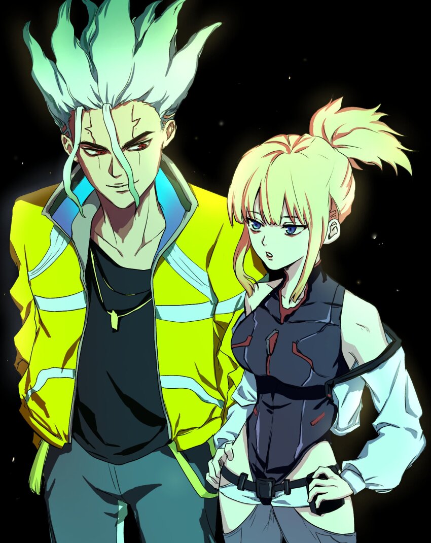 1boy 1girl cosplay cyberpunk_(series) cyberpunk_edgerunners david_martinez david_martinez_(cosplay) dr._stone facial_mark highres ishigami_senkuu jacket kohaku_(dr._stone) lucy_(cyberpunk) lucy_(cyberpunk)_(cosplay) multicolored_hair q1p0a2l4zm spiked_hair split-color_hair split_ponytail tall_hair