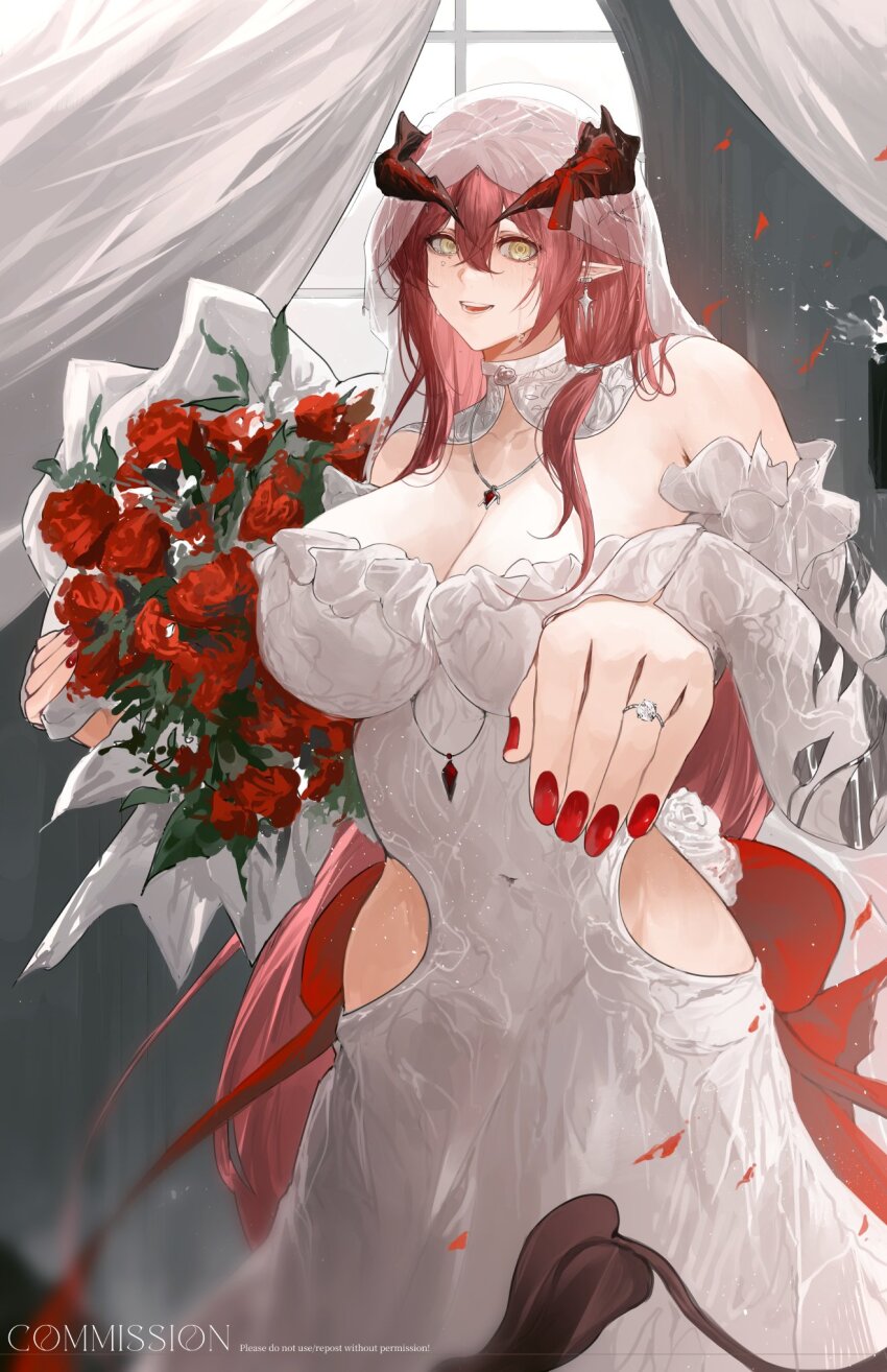 1girl arknights bouquet breasts bridal_veil bride commission crying curtains dress earrings flower happy highres hip_vent holding holding_bouquet horns jewelry large_breasts long_hair looking_at_viewer nail_polish necklace open_mouth pointy_ears red_hair red_nails ring solo tail ulsulah_(arknights) veil very_long_hair wedding_dress wedding_ring white_dress window yellow_eyes yuki_flourish