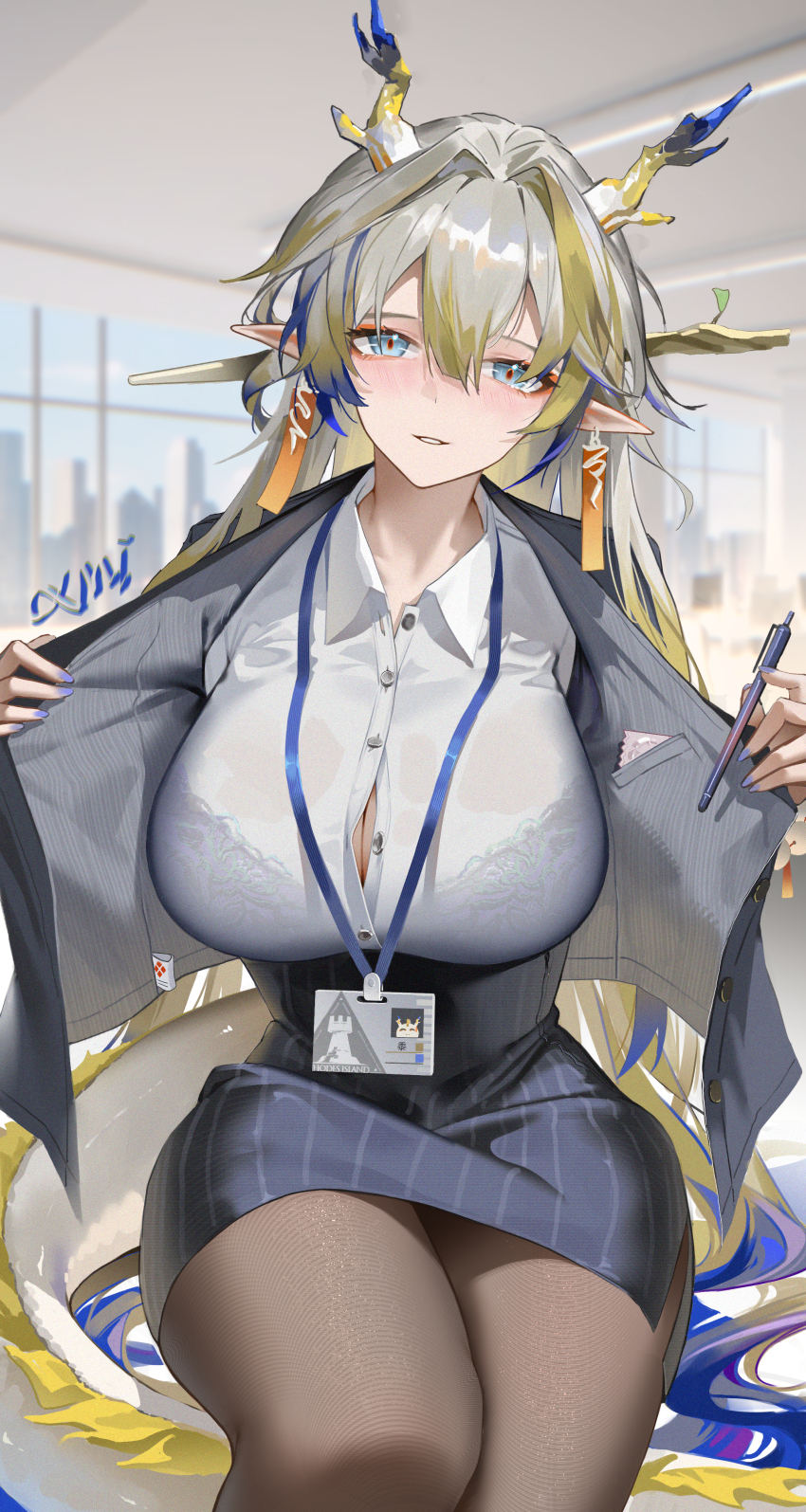1girl absurdres alternate_breast_size alternate_costume arknights black_bra black_jacket black_pantyhose black_skirt blonde_hair blue_eyes blue_hair blue_horns blue_nails blush bra bra_visible_through_clothes breasts button_gap chinese_commentary collared_shirt commentary_request condom condom_wrapper_in_clothes desk dragon_girl dragon_horn dragon_tail earriongs grey_hair hair_between_eyes high-waist_skirt highres holding holding_pen horns huade_xiami id_card indoors jacket lanyard large_breasts long_hair looking_at_viewer multicolored_hair multicolored_horns nail_polish office_lady on_desk orange_pupils pantyhose parted_lips pen pointy_ears shirt shu_(arknights) signature sitting skirt smile solo striped_clothes striped_skirt suit_jacket tail underwear very_long_hair white_shirt yellow_horns