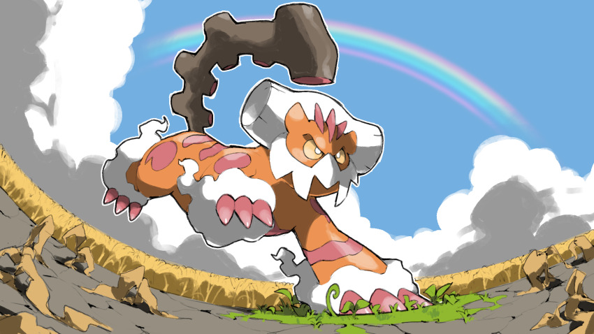 animal_focus blacknirrow blue_sky bright_pupils claws cloud colored_skin commentary creatures_(company) game_freak gen_5_pokemon highres landorus landorus_(therian) legendary_pokemon nintendo no_humans orange_skin outdoors pokemon pokemon_(creature) rainbow running sky tail white_hair white_pupils yellow_eyes