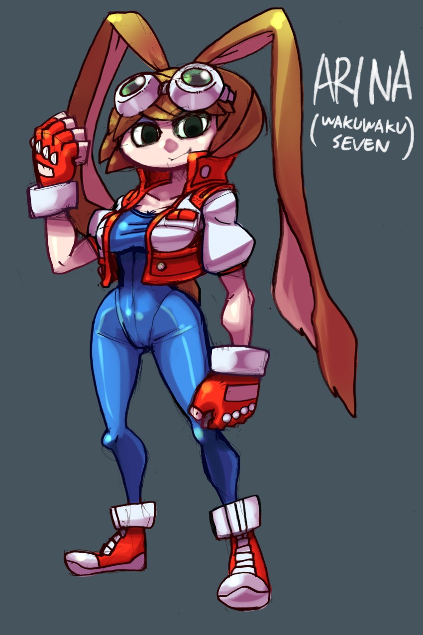 1girl alex_ahad_(style) animal_ears black_eyes black_torch bodysuit breasts brown_hair cropped_jacket fallout_(black_torch) female_focus fingerless_gloves fusion gloves goggles goggles_on_head grey_background highres makihara_arina parody rabbit_ears shioinu_kemushi shoes short_hair sneakers solo style_parody taut_clothes waku_waku_7