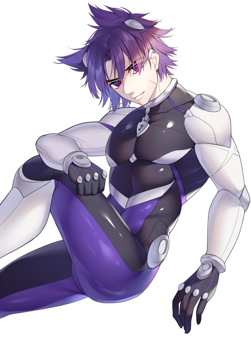 1boy bad_id bad_twitter_id camp_buddy collar facial_scar highres may_(2747513627) muscular muscular_male pectorals purple_eyes purple_hair scar scar_on_cheek scar_on_face solo spacesuit tagme thick_thighs thighs white_background yukimura_yoichi