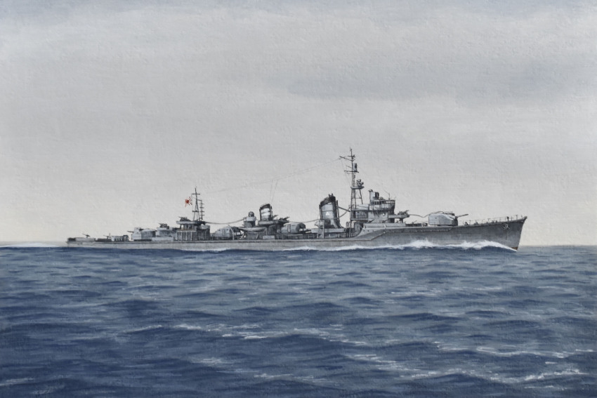 acrylic_paint_(medium) atelier_bono cannon destroyer flag highres imperial_japanese_navy mast military_vehicle no_humans ocean original painting_(medium) ship ship_turret sky smoke smokestack traditional_media vehicle_focus warship watercraft yukikaze_(destroyer)