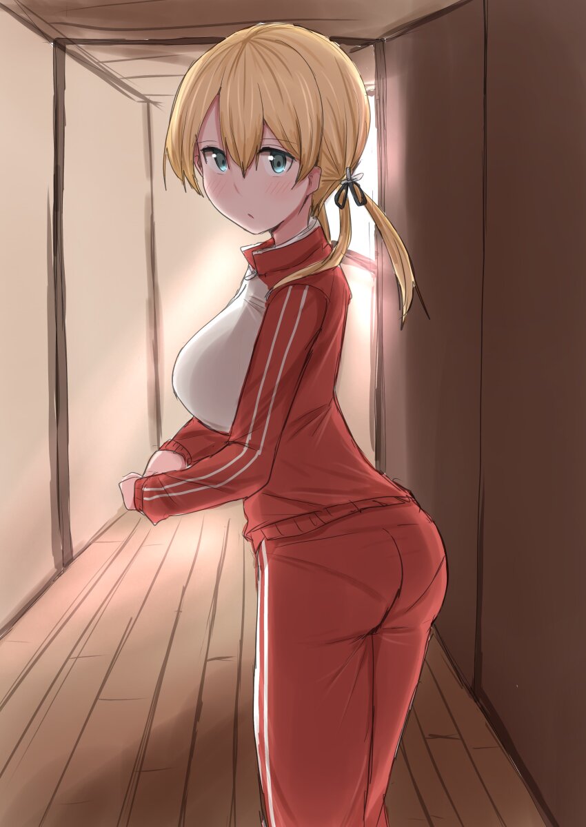 1girl absurdres alternate_costume anchor_hair_ornament aqua_eyes ass blonde_hair breasts commentary_request cowboy_shot hair_ornament highres jacket kamaboko_senshi kantai_collection large_breasts long_hair looking_at_viewer multicolored_jacket panties_visible_through_clothes pants pantylines prinz_eugen_(kancolle) red_jacket red_pants solo standing track_jacket track_pants track_suit twintails two-tone_jacket wooden_floor