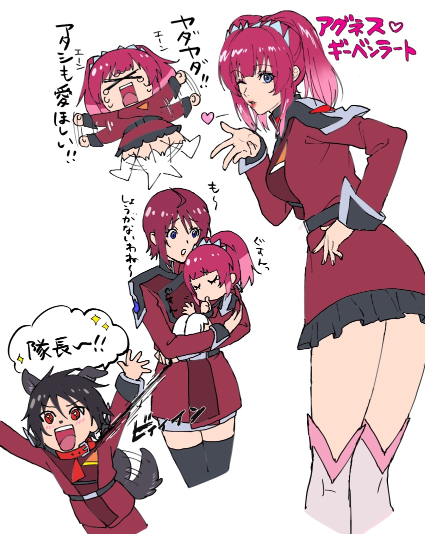 1boy 2girls 8yashirazu agnes_giebenrath ahoge animal_ears black_hair black_thighhighs blue_eyes breasts carrying carrying_person dog_boy dog_ears dog_tail gundam gundam_seed gundam_seed_destiny gundam_seed_freedom hair_ornament highres holding holding_leash jacket leash lipstick long_sleeves looking_at_viewer lunamaria_hawke makeup military military_uniform miniskirt multiple_girls pink_hair red_eyes red_hair red_uniform shinn_asuka short_hair skirt smile tail thighhighs twintails