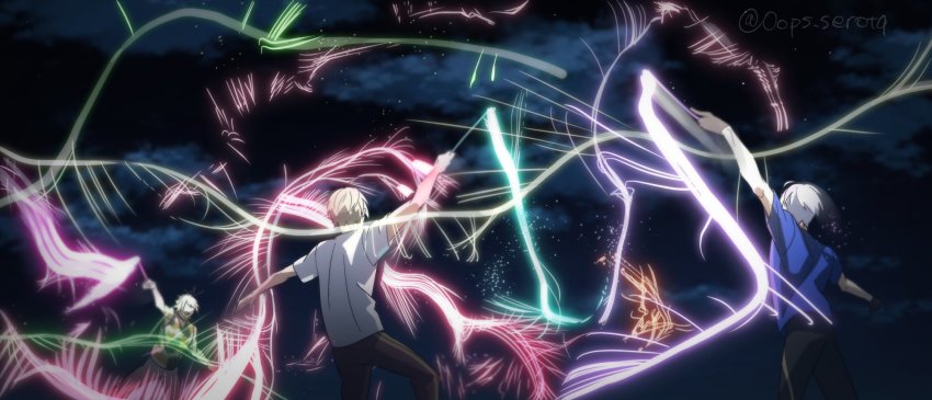 3boys blonde_hair cloud derivative_work fireworks highres male_focus multiple_boys nansen_ichimonji night night_sky pants screenshot_redraw serota shirt silver_hair sky sparkler t-shirt tank_top touken_ranbu track_pants yamanbagiri_chougi yamanbagiri_kunihiro yuri!!!_on_ice