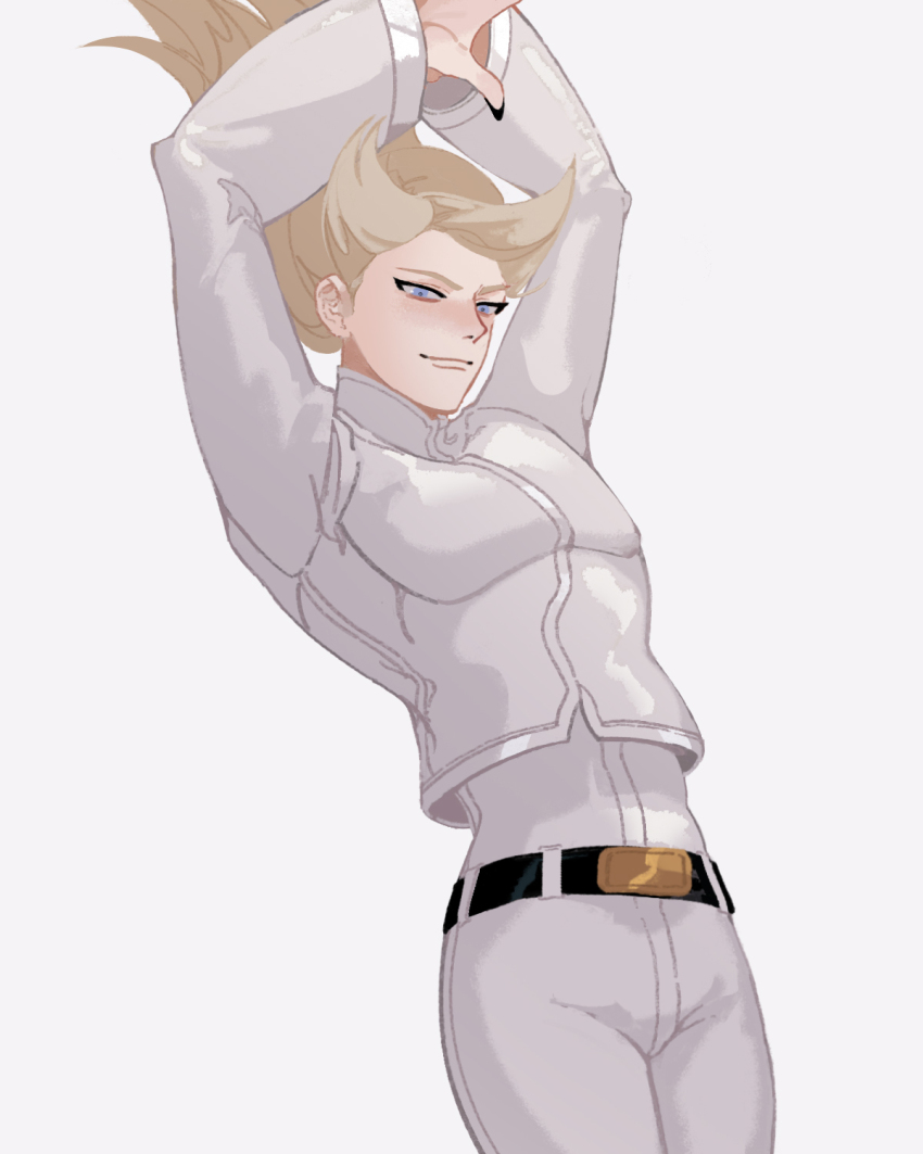 1boy arm_above_head arms_up black_nails blonde_hair blue_eyes closed_mouth commentary cropped_jacket floating_hair hexermer highres jacket layered_clothes long_hair long_sleeves looking_ahead male_focus nail_polish pants saiki_(kof) simple_background smile solo the_king_of_fighters the_king_of_fighters_xiii white_background white_jacket white_pants white_theme