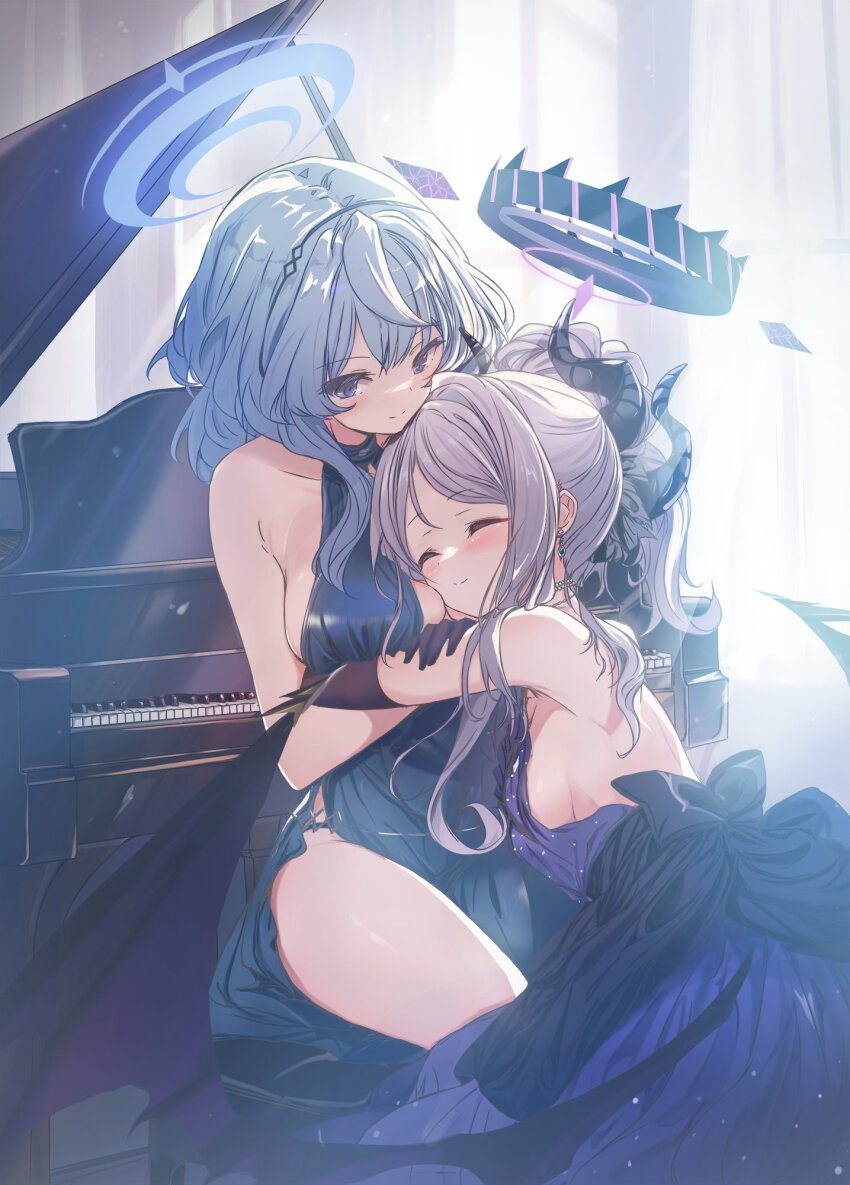2girls ako_(blue_archive) ako_(dress)_(blue_archive) backless_outfit bare_shoulders blue_archive blue_dress blue_eyes blue_hair blush breasts closed_eyes cutlass_(classic_chocolate) demon_girl demon_horns demon_wings dress elbow_gloves gloves hair_between_eyes hair_bun head_on_chest highres hina_(blue_archive) hina_(dress)_(blue_archive) horns hug instrument large_breasts long_hair looking_at_another multiple_girls piano purple_dress purple_gloves sidelocks smile star_(symbol) star_print white_hair wings