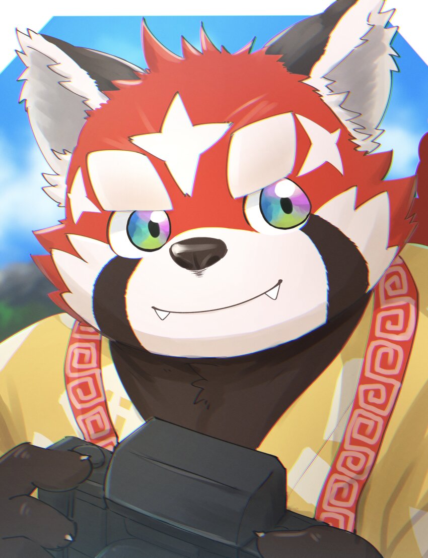 1boy absurdres bara camera chinese_clothes claws closed_mouth fangs furry furry_male highres holding holding_camera looking_at_viewer male_focus multicolored_eyes red_panda_boy shirt solo tokyo_houkago_summoners yellow_shirt zhurong_(housamo) zuboboz
