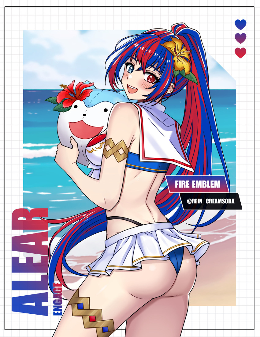 1girl absurdres female_alear_(fire_emblem) artist_name ass ball bare_shoulders beachball bikini bikini_skirt blue_bikini blue_eyes blue_hair blue_sky blush breasts character_ball character_name cloud cloudy_sky commentary copyright_name crossed_bangs day female_alear_(fire_emblem) female_alear_(seaside_dragon)_(fire_emblem) fire_emblem fire_emblem_engage fire_emblem_heroes flower gold_thighlet hair_flower hair_ornament heterochromia hibiscus high_ponytail highleg highres holding long_hair looking_at_viewer medium_breasts multicolored_bikini multicolored_hair multicolored_swimsuit nintendo ocean official_alternate_costume official_alternate_hairstyle open_mouth outdoors ponytail red_bikini red_eyes red_hair rein_creamsoda sailor_collar sky sleeveless smile solo sommie_(fire_emblem) split-color_hair swimsuit teeth thigh_strap thighs two-tone_hair upper_teeth_only very_long_hair water white_bikini
