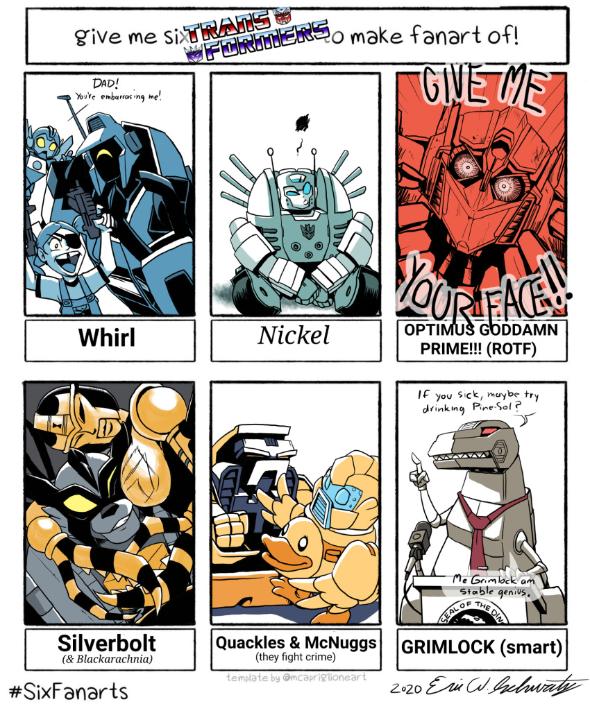 2020 2girls 6+boys angry autobot beast_wars bird blackarachnia blue_eyes breasts clenched_hand dated decepticon duck english_text eric_w_schwartz eyepatch grimlock gun helmet highres holding holding_gun holding_weapon hug logo mask maximal mecha medium_breasts microphone_stand mouth_mask multiple_boys multiple_drawing_challenge multiple_girls necktie nickel_(transformers) one_eye_closed optimus_prime pointing red_eyes red_necktie robot robot_girl sharp_teeth side_hug signature silverbolt_(beast_wars) six_fanarts_challenge squiggle teeth the_transformers_(idw) transformers transformers:_generation_1 transformers:_revenge_of_the_fallen transformers_(live_action) transformers_revenge_of_the_fallen twitter_username tyrannosaurus_rex weapon wheel whirl_(transformers) yellow_eyes