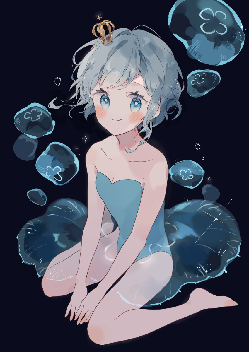 1girl absurdres bare_legs bare_shoulders barefoot between_legs blue_background blue_eyes blue_leotard blush breasts cleavage closed_mouth collarbone commentary crown dark_background dot_nose english_commentary full_body grey_hair hand_between_legs happy highres ibispaint_(medium) jellyfish leotard looking_at_viewer napo_(napo_illust) original short_hair sitting small_breasts smile solo sparkle split_mouth tutu wariza wavy_hair