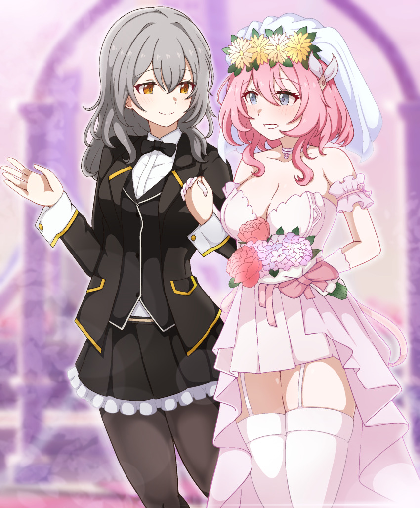 2girls absurdres bare_shoulders black_pantyhose black_skirt black_vest blue_eyes bouquet breasts bridal_veil cleavage commentary_request couple cowboy_shot cyrene_(honkai:_star_rail) dress female_focus flower garter_straps grey_hair hair_ornament head_wreath highres holding holding_bouquet holding_hands honkai:_star_rail honkai_(series) large_breasts looking_at_another medium_hair milliani multiple_girls pantyhose pink_hair short_hair skirt smile stelle_(honkai:_star_rail) thighhighs thighs trailblazer_(honkai:_star_rail) veil vest wedding wedding_dress white_dress white_thighhighs wife_and_wife wrist_cuffs yellow_eyes yuri