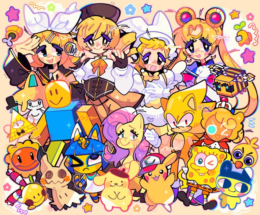 2others 5boys 6+girls absolutely_everyone among_us animal animal_crossing ankha_(animal_crossing) annotation_request bee bee_(minecraft) bill_cipher bird_girl bishoujo_senshi_sailor_moon bug cat_girl chica chingling color_connection commentary cookie_run cookie_run:_kingdom creatures_(company) crewmate_(among_us) crossover custard_cookie_iii dead_body_(among_us) dog_boy english_commentary everyone five_nights_at_freddy&#039;s five_nights_at_freddy&#039;s_1 fluttershy furry furry_female furry_male game_freak gen_1_pokemon gen_3_pokemon gen_4_pokemon gen_7_pokemon gravity_falls hat hedgehog_boy highres insect jack0ran jirachi kagamine_rin legendary_pokemon magical_girl mahou_shoujo_madoka_magica makihatayama_hana mametchi mimikyu minecraft minecraft_(style) multiple_boys multiple_girls multiple_others my_little_pony my_little_pony:_friendship_is_magic mythical_pokemon nintendo noob_(roblox) ojamajo_doremi pikachu plants_vs_zombies pokemon pokemon_(creature) pompompurin pony_(animal) prince roblox sailor_moon sanrio sonic_(series) sonic_the_hedgehog spongebob_squarepants spongebob_squarepants_(series) sunflower_(plants_vs_zombies) super_sonic tamagotchi tomoe_mami tomoe_mami_(magical_girl) vocaloid yellow_(among_us) yellow_theme