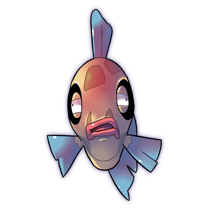 animal_focus black_eyes chocota_(spchocota) derivative_work feebas fish full_body gen_3_pokemon half-closed_eyes highres nintendo no_humans open_mouth pokemon pokemon_(creature) screenshot_redraw simple_background solo straight-on wall-eyed white_background