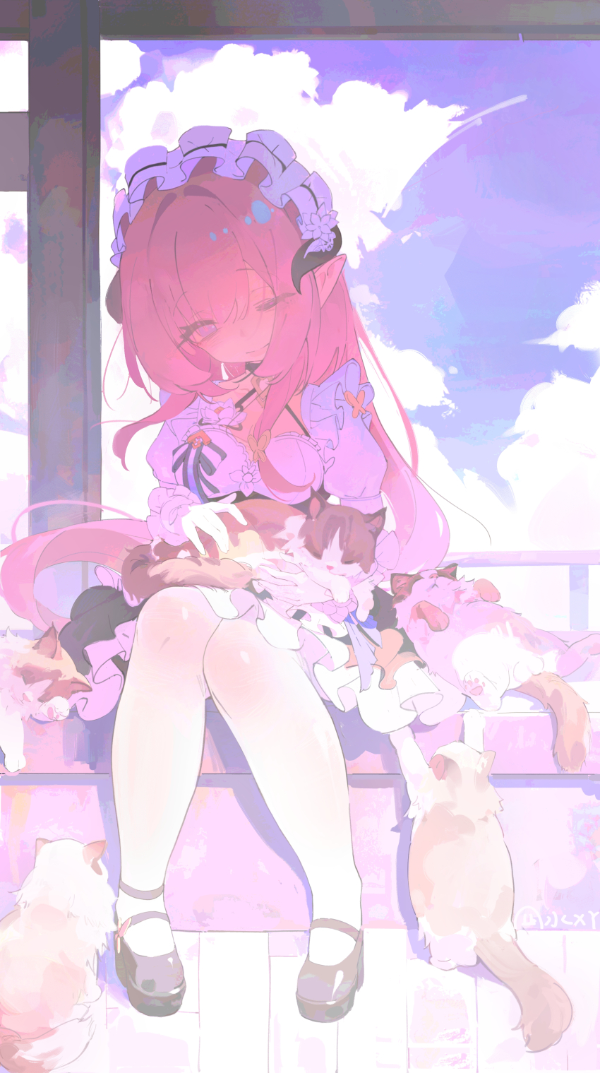 1girl absurdres alternate_costume animal animal_on_lap black_dress black_horns black_shoes blue_eyes blue_sky breasts cat chinese_commentary closed_mouth commentary_request day dress elysia_(honkai_impact) elysia_(miss_pink)_(honkai_impact) elysia_(miss_pink_elf)_(honkai_impact) enmaided gloves highres honkai_(series) honkai_impact_3rd horns knees_together_feet_apart large_breasts long_hair looking_at_viewer maid official_alternate_costume on_lap one_eye_closed pastel_colors pink_hair pink_pupils pointy_ears shoes sitting sky smile solo thighhighs very_long_hair white_gloves white_thighhighs zhishuixy
