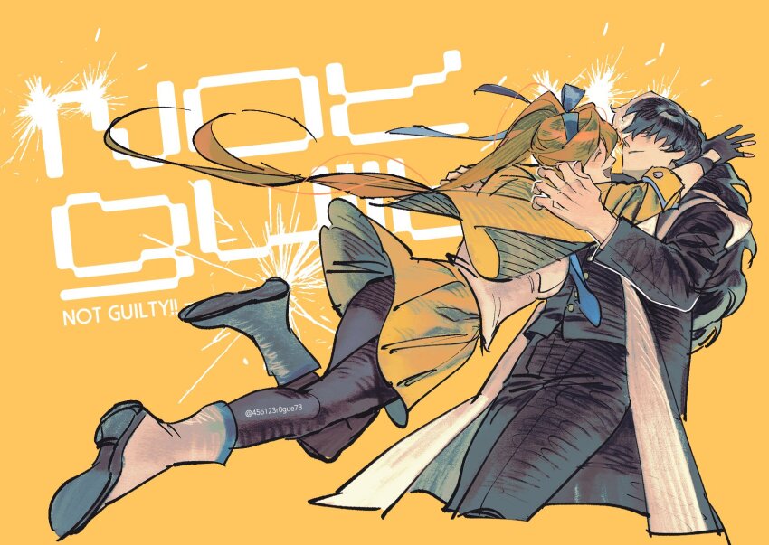 1boy 1girl 456123r0gue78 ace_attorney athena_cykes black_coat black_gloves black_hair black_jacket black_pants black_pantyhose blue_bow blue_necktie bow closed_eyes coat english_text gloves hair_bow highres hug jacket long_hair multicolored_hair necktie open_clothes open_coat open_mouth orange_hair pants pantyhose partially_fingerless_gloves phoenix_wright:_ace_attorney_-_dual_destinies shirt side_ponytail simon_blackquill skirt twitter_username two-tone_hair white_footwear white_hair white_shirt yellow_background yellow_jacket yellow_skirt