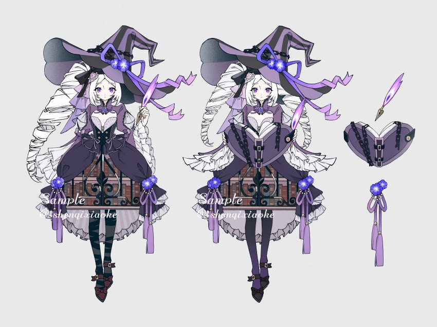 1girl absurdres ankle_bell artist_name beads belt belt_buckle black_belt black_bow black_hat black_pantyhose black_ribbon black_shoes blue_flower book bookshelf bow buckle chain chinese_commentary cleavage_cutout close-up closed_mouth clothing_cutout collared_dress commentary_request commission cross-laced_clothes cross-laced_top dress dress_flower dress_ribbon drill_hair endoftheworld600 expressionless eyelashes flat_chest flat_color flats floating floating_book floating_object flower footwear_bow frilled_dress frilled_sleeves frills gradient_legwear grey_background grey_shirt hair_beads hair_bow hair_ornament hat hat_flower hat_ribbon high_collar highres holding holding_quill juliet_sleeves large_hat layered_sleeves leg_ribbon long_hair long_sleeves looking_at_viewer medium_dress open_book original pale_skin pansy pantyhose print_dress puffy_sleeves purple_dress purple_eyes purple_hat purple_pantyhose purple_ribbon quill reading red_belt red_bow red_shoes reference_sheet ribbon sample_watermark shirt shirt_under_dress shirt_under_shirt shoes sidelocks simple_background standing straight-on striped_clothes striped_headwear tassel twin_drills twintails two-tone_headwear two-tone_pantyhose variations vertical-striped_clothes vertical-striped_headwear very_long_hair watermark white_hair wide_sleeves witch witch_hat