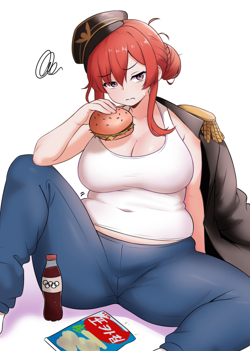 1girl alternate_body_size amogan arm_behind_back azur_lane blue_pants breasts burger cleavage closed_mouth collarbone commission covered_navel feet_out_of_frame food hair_between_eyes hair_bun hair_over_one_eye hat highres holding holding_burger holding_food large_breasts long_hair looking_at_viewer monarch_(azur_lane) olympic_rings pants pixiv_commission plump purple_eyes red_hair sidelocks simple_background single_hair_bun sitting solo spread_legs squiggle sweatdrop taut_clothes thick_thighs thighs white_background
