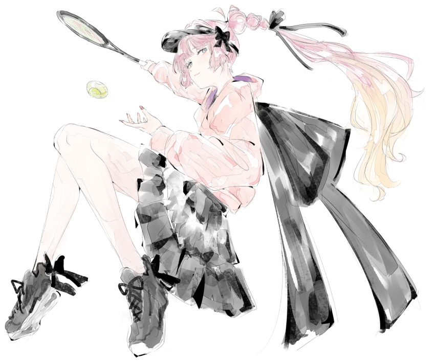 1girl ahoge alternate_costume anyoji_hime ball black_footwear black_ribbon black_skirt black_visor blonde_hair blue_eyes blunt_bangs closed_mouth commentary_request frilled_skirt frills full_body gradient_hair hair_ribbon half-closed_eyes holding holding_racket hood hood_down hooded_jacket jacket link!_like!_love_live! long_hair long_sleeves looking_at_viewer love_live! multi-tied_hair multicolored_hair pink_hair pink_jacket ponytail puffy_long_sleeves puffy_sleeves racket ribbon sidelocks simple_background skirt smile solo swept_bangs tennis_ball tennis_racket very_long_hair virtual_youtuber visor_cap white_background yoruneko_yashiro