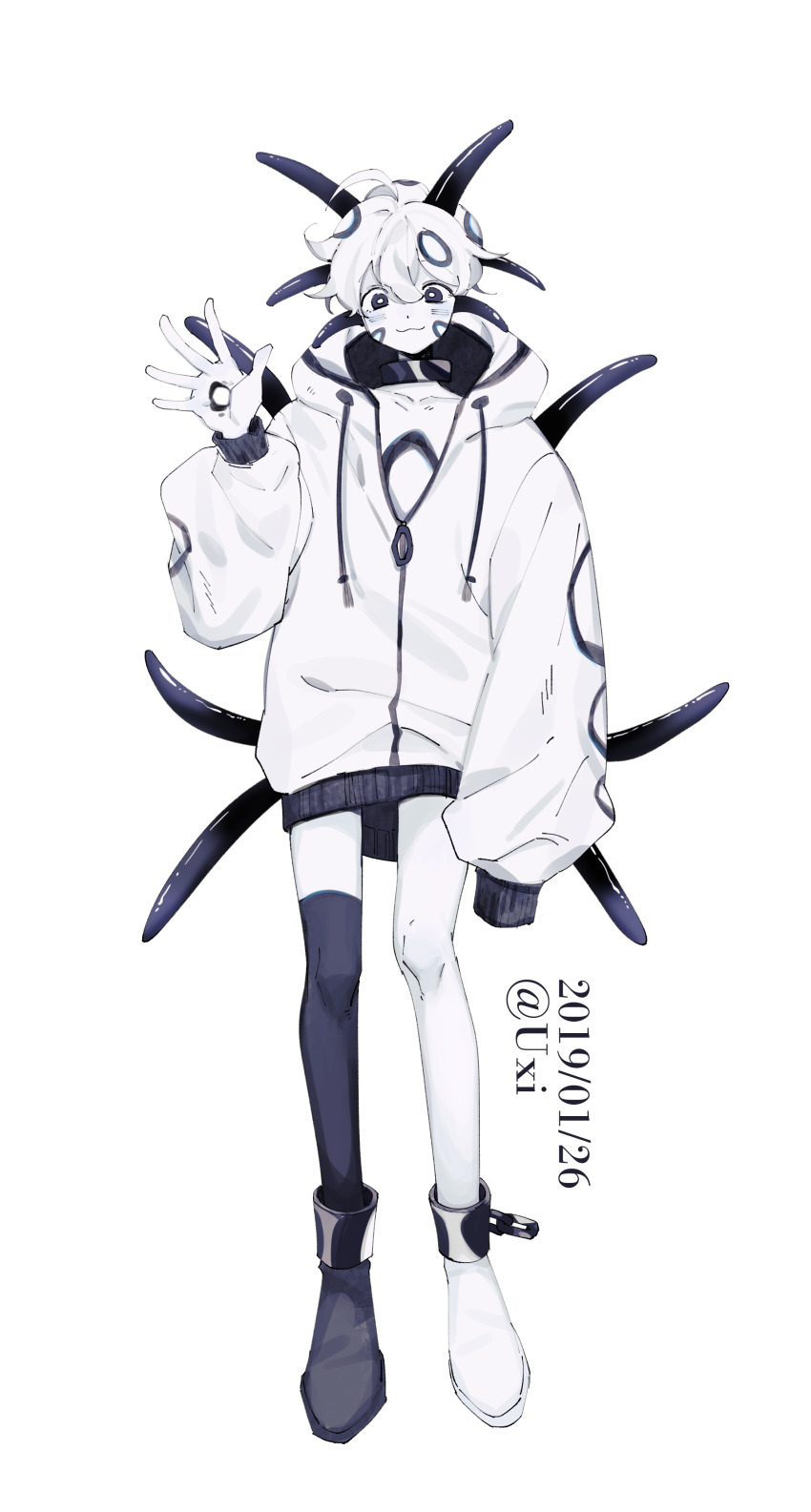 1boy :3 absurdres ahoge asphyxia17 asymmetrical_footwear asymmetrical_legwear blue_boots blue_eyes blue_thighhighs boots closed_mouth collarbone colored_skin commentary_request cuffs dated facial_mark full_body highres hole_in_hand hood hood_down hooded_jacket jacket long_sleeves male_focus mismatched_footwear original oversized_clothes pantyhose partially_unzipped puffy_long_sleeves puffy_sleeves shackles short_hair single_leg_pantyhose single_thighhigh smile solo tentacle_clothes tentacle_hair thighhighs twitter_username white_background white_boots white_hair white_jacket white_pantyhose white_skin zipper_pull_tab