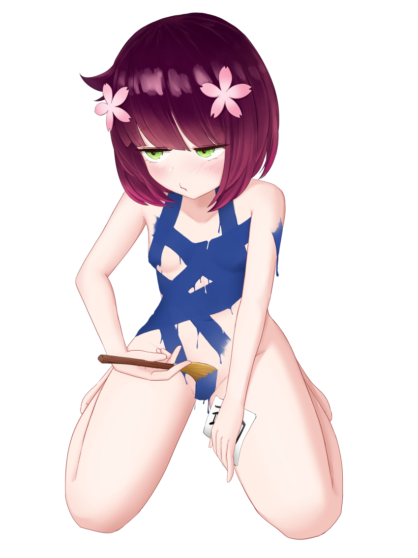 1girl absurdres averting_eyes blush bob_cut bodypaint breasts cherry_hair_ornament flower food-themed_hair_ornament full_body girls&#039;_frontline gradient_hair green_eyes hair_flower hair_ornament highres kneeling multicolored_hair naked_paint nonoan_jp official_alternate_costume paintbrush small_breasts solo trim_brush type_4_(cape_no._4)_(girls&#039;_frontline) type_4_(girls&#039;_frontline) white_background