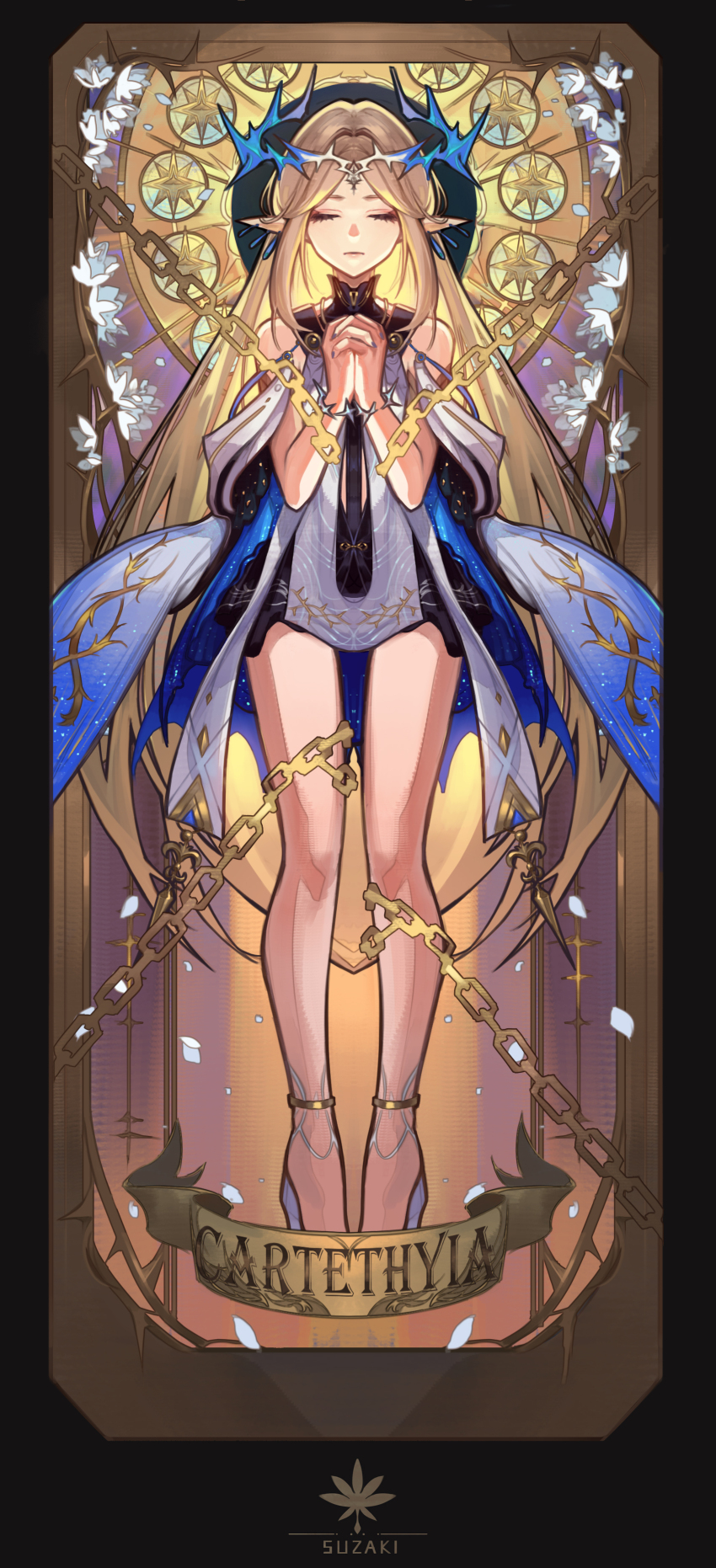 1girl absurdres artist_logo bare_legs bare_shoulders black_collar black_dress blonde_hair card_(medium) cartethyia_(wuthering_waves) chain character_name closed_eyes closed_mouth collar commentary crown_of_thorns dress earrings english_commentary full_body highres jewelry legs logo long_hair own_hands_clasped own_hands_together pointy_ears praying sidelocks solo steve_zheng straight-on tabard tacet_mark_(wuthering_waves) very_long_hair white_tabard wuthering_waves