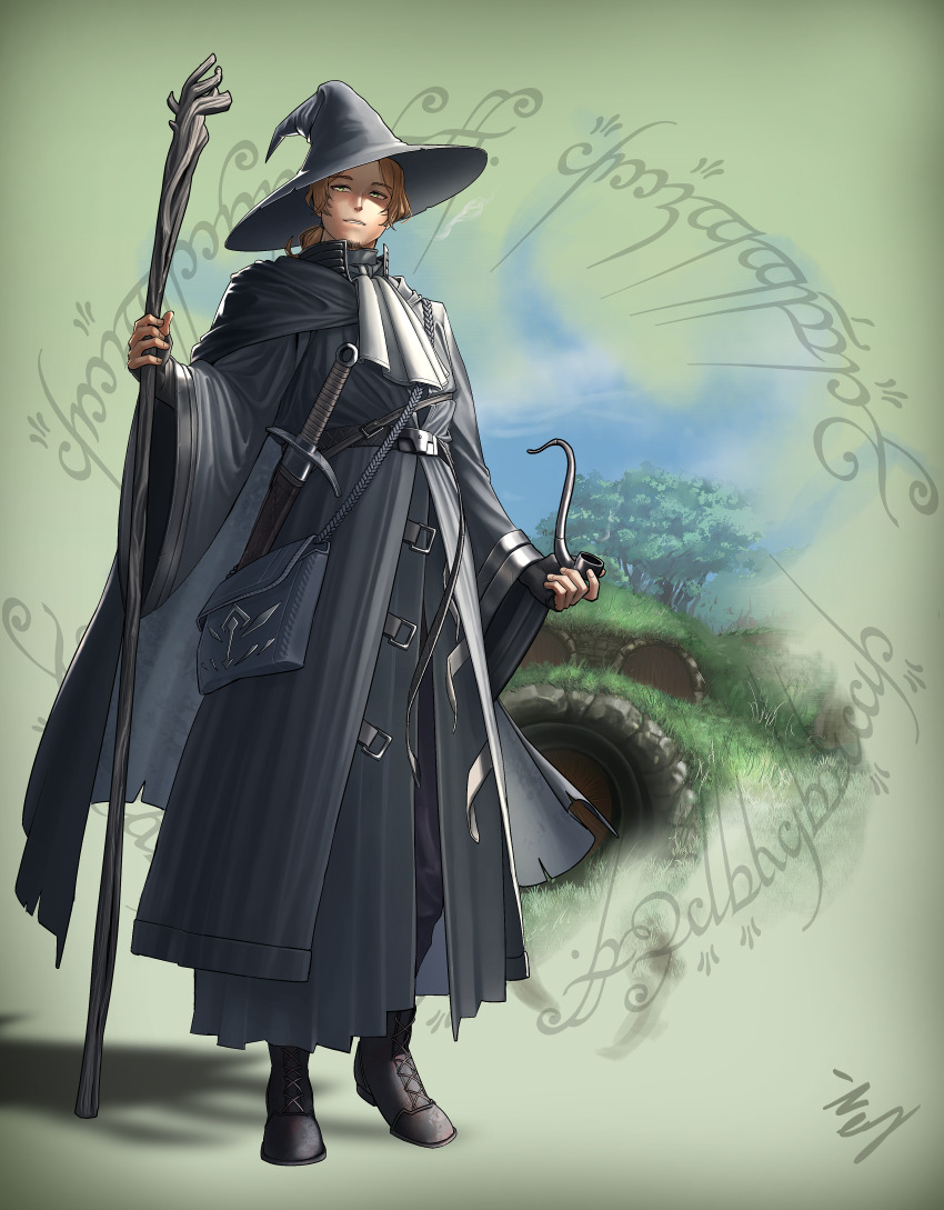 1boy absurdres ascot bag beard brown_hair cloak commentary echo!_(tilapiawest) english_commentary facial_hair full_body green_eyes hat highres holding holding_smoking_pipe holding_staff low_ponytail male_focus ponytail satchel sein_(sousou_no_frieren) sheath sheathed smile smoking_pipe solo sousou_no_frieren staff sword tengwar_text the_lord_of_the_rings tolkien&#039;s_legendarium weapon witch_hat