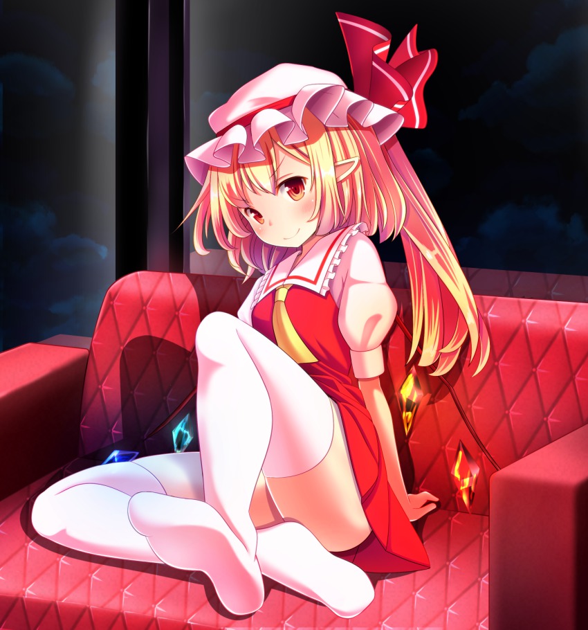 &gt;:) 1girl bad_id bad_pixiv_id blonde_hair cloud couch female_focus flandre_scarlet gradient_background hat highres indoors long_hair naughty_face no_shoes oimo_(imoyoukan) pointy_ears puffy_short_sleeves puffy_sleeves red_eyes red_upholstery shadow short_sleeves side_ponytail sitting smile solo striped_background thighhighs thighs touhou v-shaped_eyebrows white_thighhighs window wings