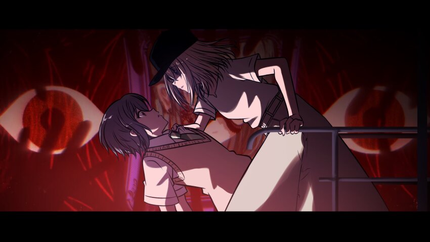 2girls arched_back arm_support bang_dream! bang_dream!_it&#039;s_mygo!!!!! belt black_border border brown_eyes clothes_grab collar_grab collared_shirt commentary_request dark_background diagonal-striped_clothes diagonal-striped_necktie eye_contact eye_symbol feet_out_of_frame from_side green_necktie grey_skirt handrail haneoka_school_uniform highres leaning_forward letterboxed looking_at_another medium_hair misumi_uika multiple_girls necktie neckwear_grab parted_lips profile purple_eyes red_background scene_reference school_uniform seine_(hanamukes) shirt shirt_tucked_in short_hair short_sleeves shoujo_kageki_revue_starlight skirt striped_clothes sweater_vest takamatsu_tomori underlighting white_shirt