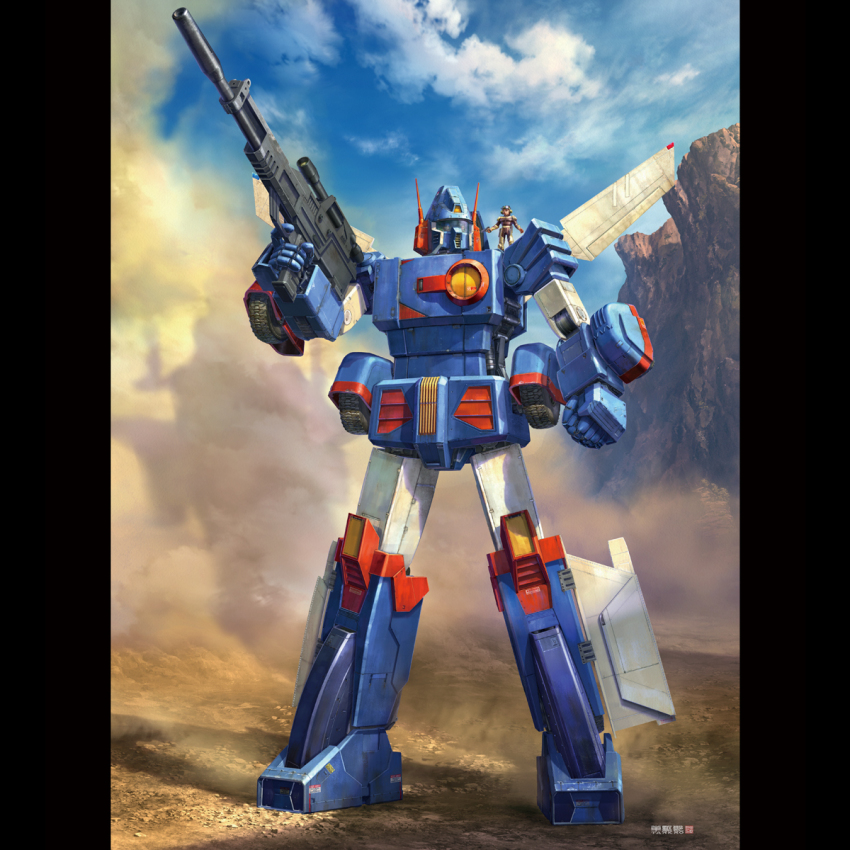 1boy artist_name assault_visor bodysuit brown_bodysuit brown_headwear clenched_hand cloud desert dust dust_cloud full_body gun helmet highres holding holding_gun holding_weapon jiron_amos kato_tankro mecha official_art on_mecha on_shoulder outdoors pilot_suit realistic robot science_fiction sentou_mecha_xabungle sky solo_focus standing weapon xabungle_(mecha)