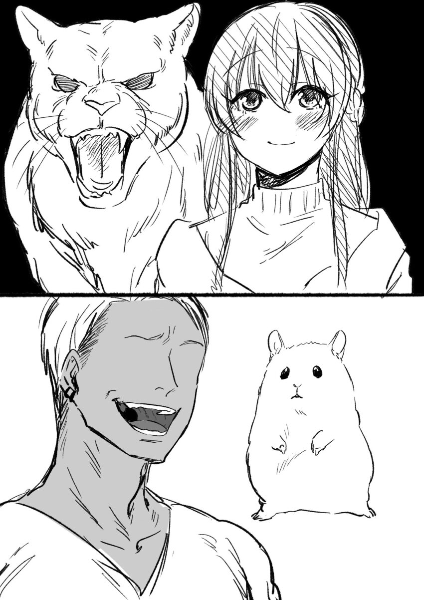 1boy 1girl akira_(damedame_ol) animal blush braid closed_mouth commentary_request cougar crown_braid dark-skinned_male dark_skin eyebrows_hidden_by_hair fangs greyscale gyaruo hair_between_eyes hamster highres jacket long_bangs long_hair monochrome no_eyes no_nose nose open_clothes open_jacket open_mouth raised_eyebrows role_reversal shirt sidelocks smile sweater teeth tongue turtleneck turtleneck_sweater v-neck whiskers