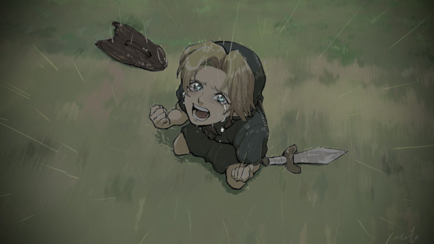 1boy blonde_hair commentary crying crying_with_eyes_open deku_shield from_above green_headwear green_tunic kneeling link looking_up nintendo on_grass on_ground open_mouth rain screaming shield solo sword takapon-o-ji tears the_legend_of_zelda the_legend_of_zelda:_ocarina_of_time tunic weapon young_link