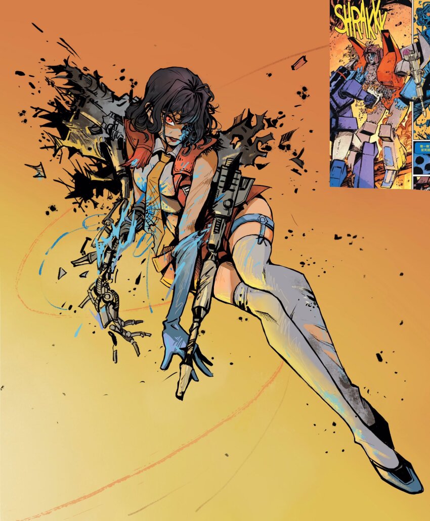 1girl android arm_cannon black_hair blue_gloves collared_shirt cropped_shirt damaged elbow_gloves gloves hair_intakes highres kotobukiya_bishoujo looking_at_viewer mechabare mechanical_arms mechanical_wings necktie nuo_mi_anica orange_background orange_necktie parted_lips red_eyes red_lips red_skirt scene_reference shirt short_hair single_glove single_mechanical_arm sitting skirt solo soundwave_(transformers) starscream starscream_(kotobukiya_bishoujo) thigh_strap thighhighs transformers transformers_(skybound) v-shaped_eyebrows weapon white_thighhighs wings