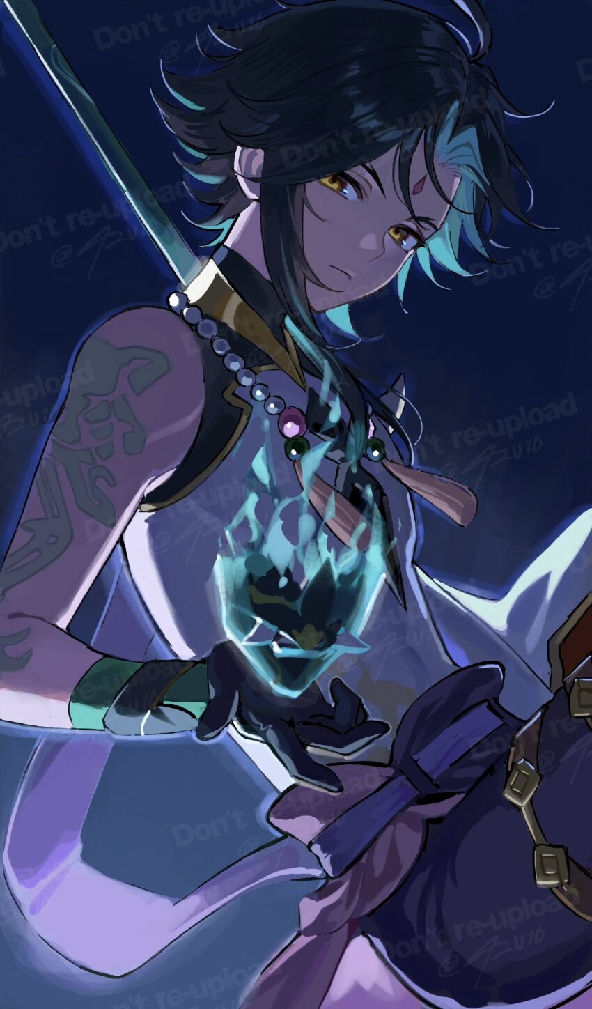 1boy 42u16 aqua_hair black_gloves black_pants chinese_clothes closed_mouth colored_inner_hair english_text forehead forehead_jewel genshin_impact gloves green_hair green_tattoo half-closed_eyes highres looking_at_viewer male_focus multicolored_hair pants short_hair solo two-tone_hair watermark xiao_(genshin_impact) yellow_eyes