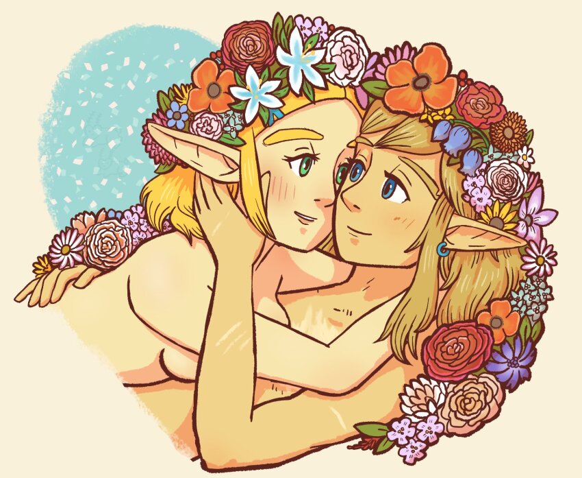 1boy 1girl blonde_hair blue_eyes cantstopdiggi commentary couple english_commentary flower green_eyes hair_flower hair_ornament hand_on_another&#039;s_back hetero highres link long_hair looking_at_another lying lying_on_person nintendo parted_lips pointy_ears princess_zelda short_hair silent_princess the_legend_of_zelda the_legend_of_zelda:_tears_of_the_kingdom topless_female topless_male